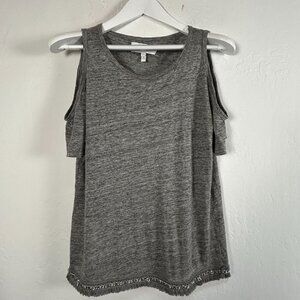 Derek Lam 10 Crosby Womens Gray Cold Shoulder Linen Top Blouse Medium Fringe Hem